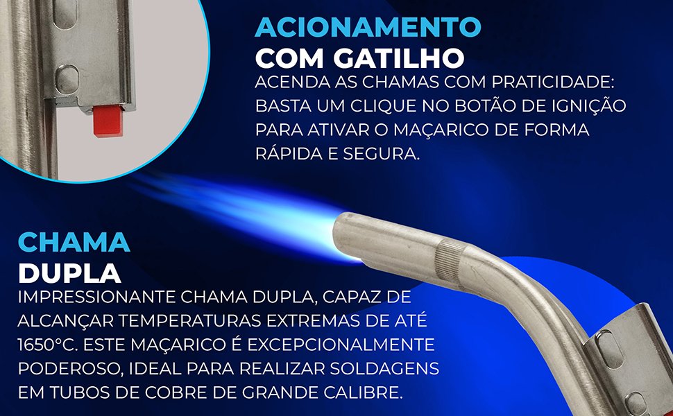 Ma&ccedil;arico Cano Duplo com Mangueira 150cm Acendedor Autom&aacute;tico Hiatsu JH-3DSV Estrutura de alum&iacute;nio V&aacute;lvula de ajuste para regular como fazer solda