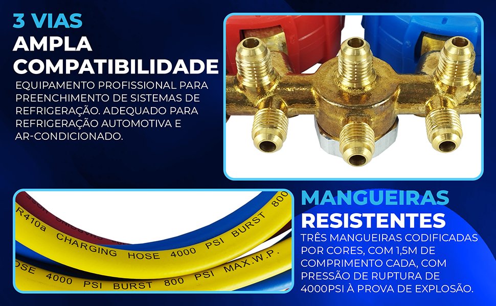 Manifold Premium Gás R22 R32 R134a e R410A com Mangueiras 150cm Adaptadores MPH-332 Hiatsu residencial e automotivo 3 vias ampla compatibilidade