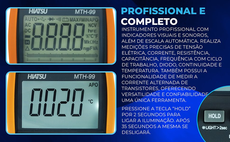Multímetro Digital Profissional Portátil Refrigeração MTH-99 Hiatsu true rms função ncv possui mudança de faixa automática ou manual