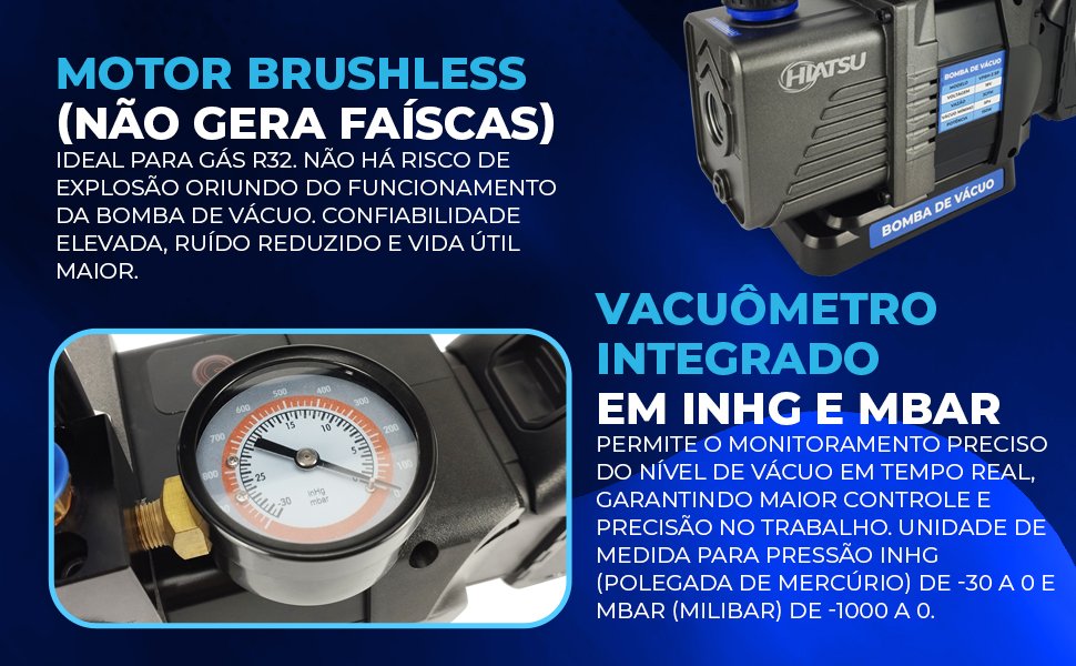 Bomba de Vácuo 3cfm a bateria com Vacuômetro Integrado e Motor Brushless Hiatsu VPBH-3 SP vacuum pump como ferramentas para ar condicionado