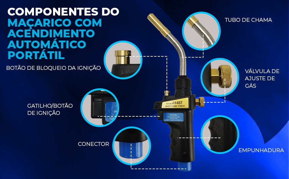 componentes do Ma&ccedil;arico Turbo Hand Torch com Acendimento Autom&aacute;tico HIATSU JH-6ST Ponretira 360&deg;