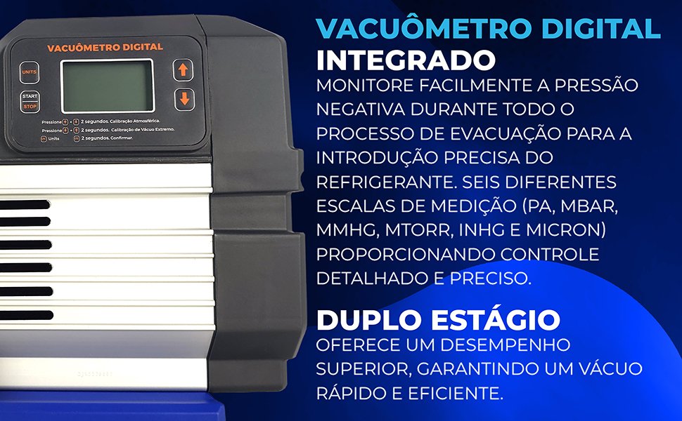 Bomba de v&aacute;cuo inteligente 10,5 cfm Duplo Est&aacute;gio Bivolt 110v 220v vacu&ocirc;metro digital v&aacute;lvula solenoide integrado Hiatsu Pa mBar Micron 5134